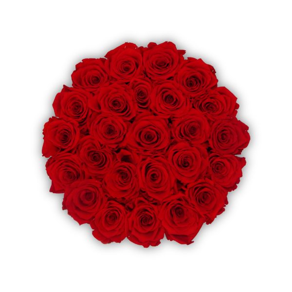 okruhly čierny flowerbox s červenými stabilizovanými ružami luxusnou červenou stuhou a zlatým lesklým logom The Imperial Roses