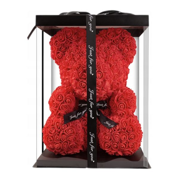 červený-macko-teddyrose-z-penových-3d-ruží-s-čiernou-stuhou-v-priesvitnej-darčekovej-krabici