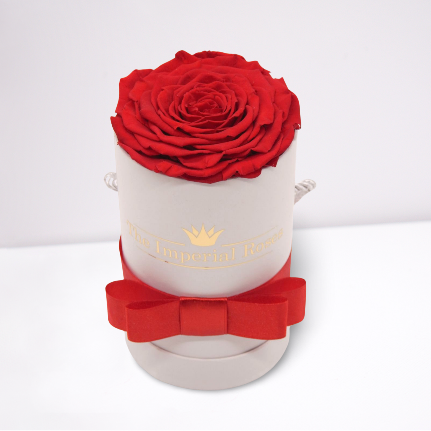trvacna single ruza v boxe červenej farby s cervenou stuhou a zlatym logom the imperial roses