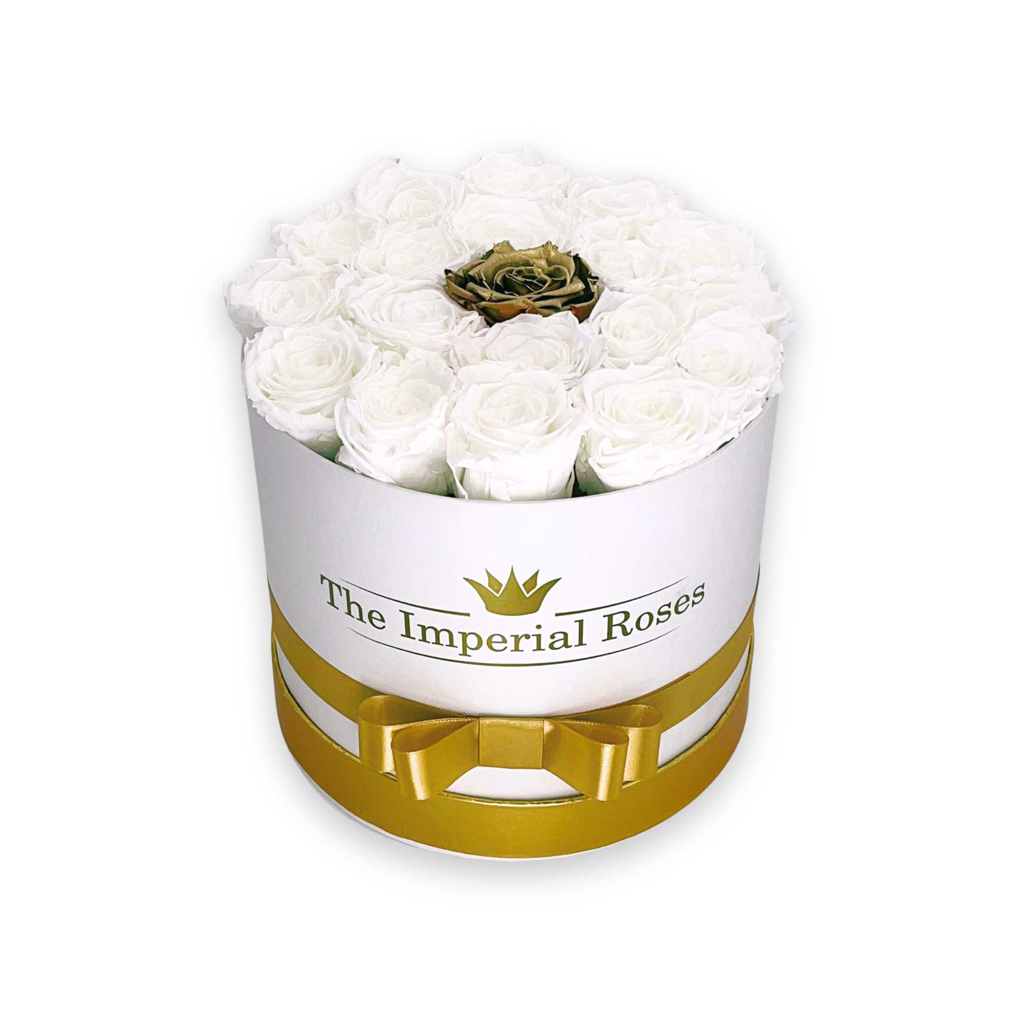 Okrúhly box White & Gold – Trvácne ruže
