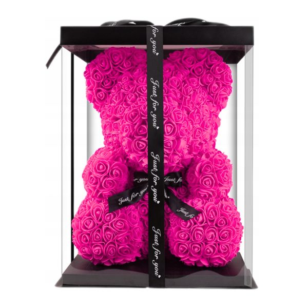 ružový macko teddyrose z penových umelých 3d ruží s čiernou stuhou v priesvitnej darčekovej krabici