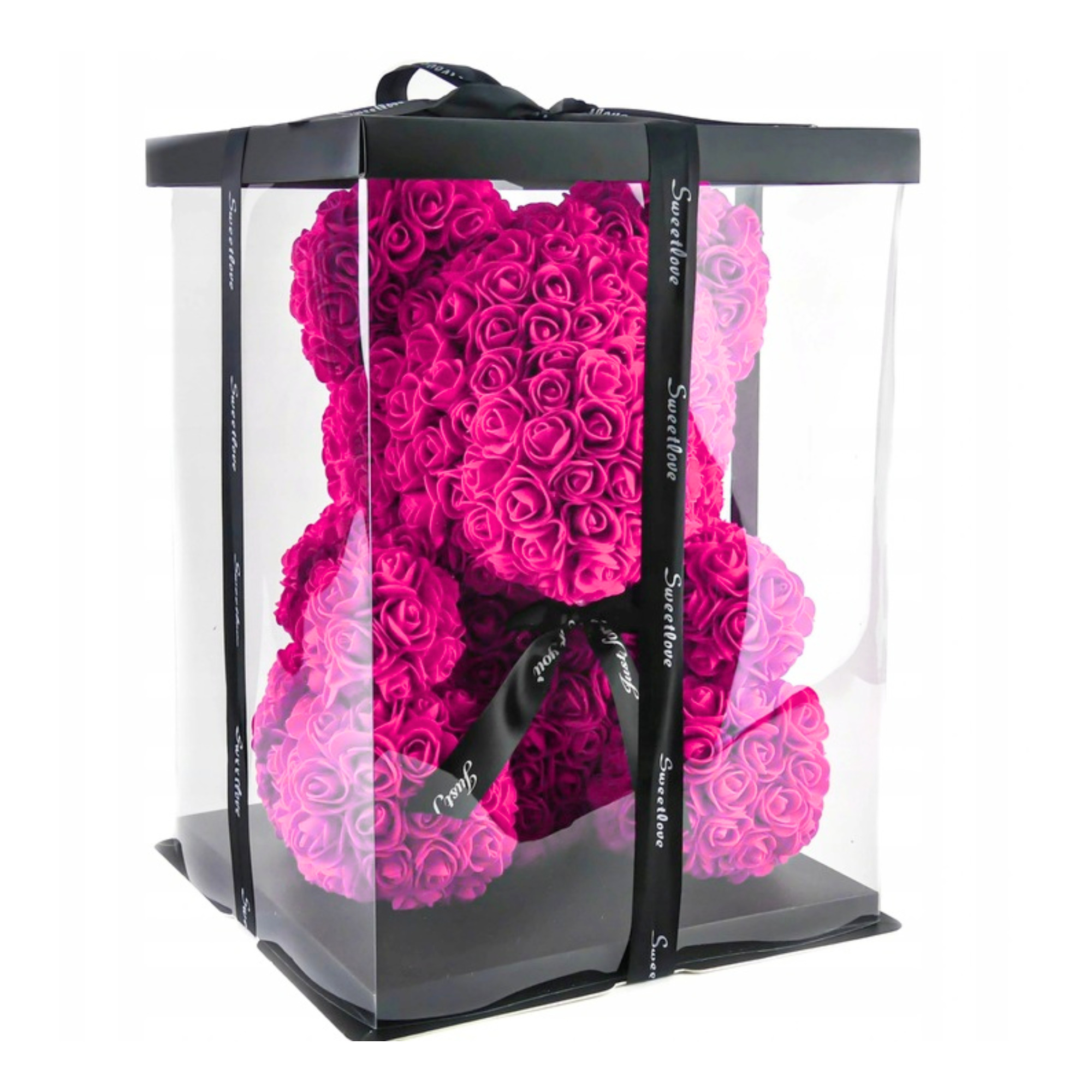 ružový macko teddyrose z penových 3d ruží s čiernou stuhou v priesvitnej darčekovej krabici