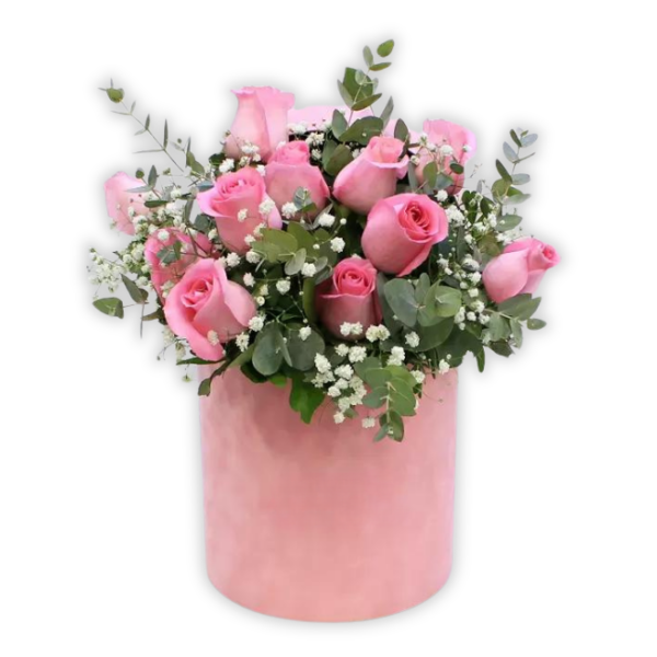 flowerbox v ruzovej farbe s ruzovymi 11 ruzami eukalyptom a nevestinym zavojom